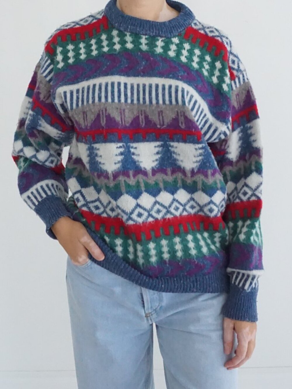 Vintage Fuwei Blue Purple Geometric Fair Isle Knit Sweater Nordic Pattern XL
